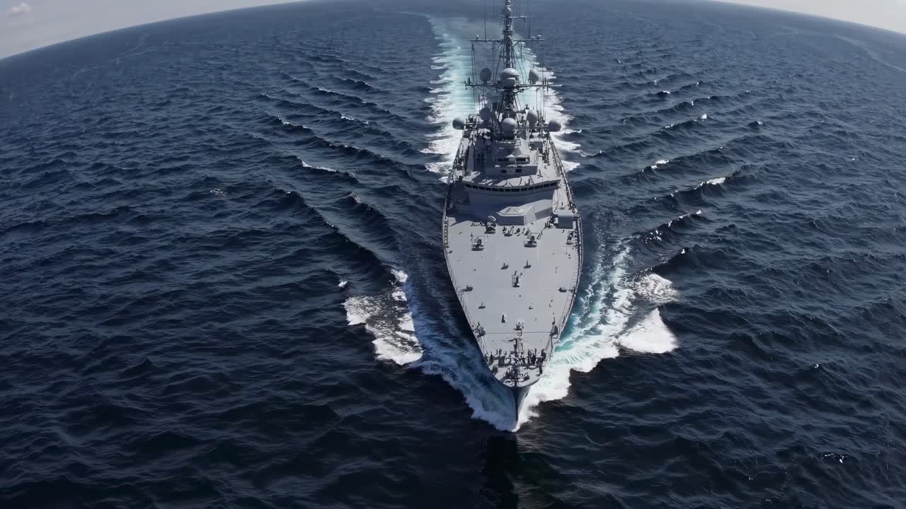 Video aereo riprende una nave da battaglia che fende le onde dell'oceano, mettendo in mostra la sua potenza e dimensione