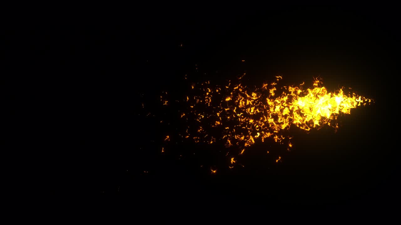 partículas de fuego abstractas fluyen de lado izquierdo a lado derecho en fondo negro, centradas verticalmente. 4k render footage.