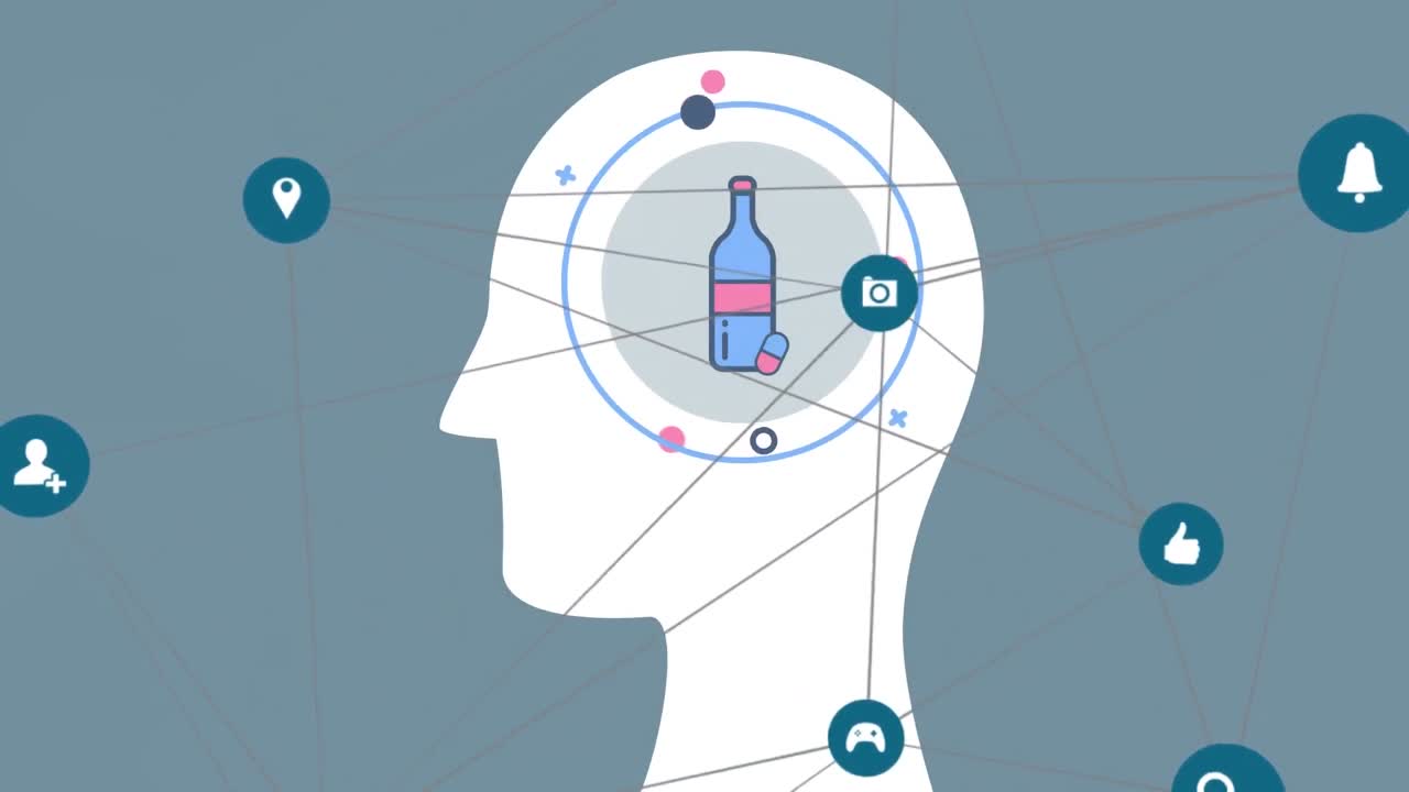 기술 아이콘을 가진 연결망의 애니메이션이 humn 그림 위에 있습니다.
