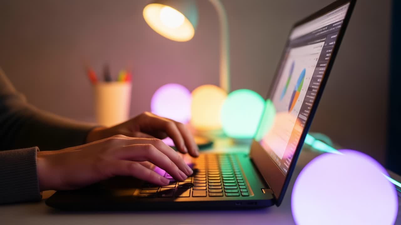 A close-up view of hands typing on a laptop keyboard, illuminated by a stylish lamp and colorful spherical lights, showcasing a modern workspace with digital graphs