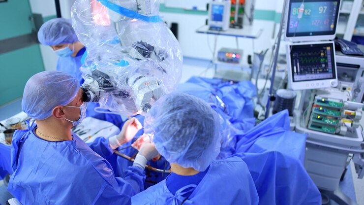 Caucasian neurosurgeon looks at microscope during surgery. Doctor carefully uses instruments at operation. High angle view.