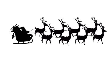 Animation-of-black-silhouette-of-santa-claus-in-sleigh-being-pulled-by-reindeer-on-white-background