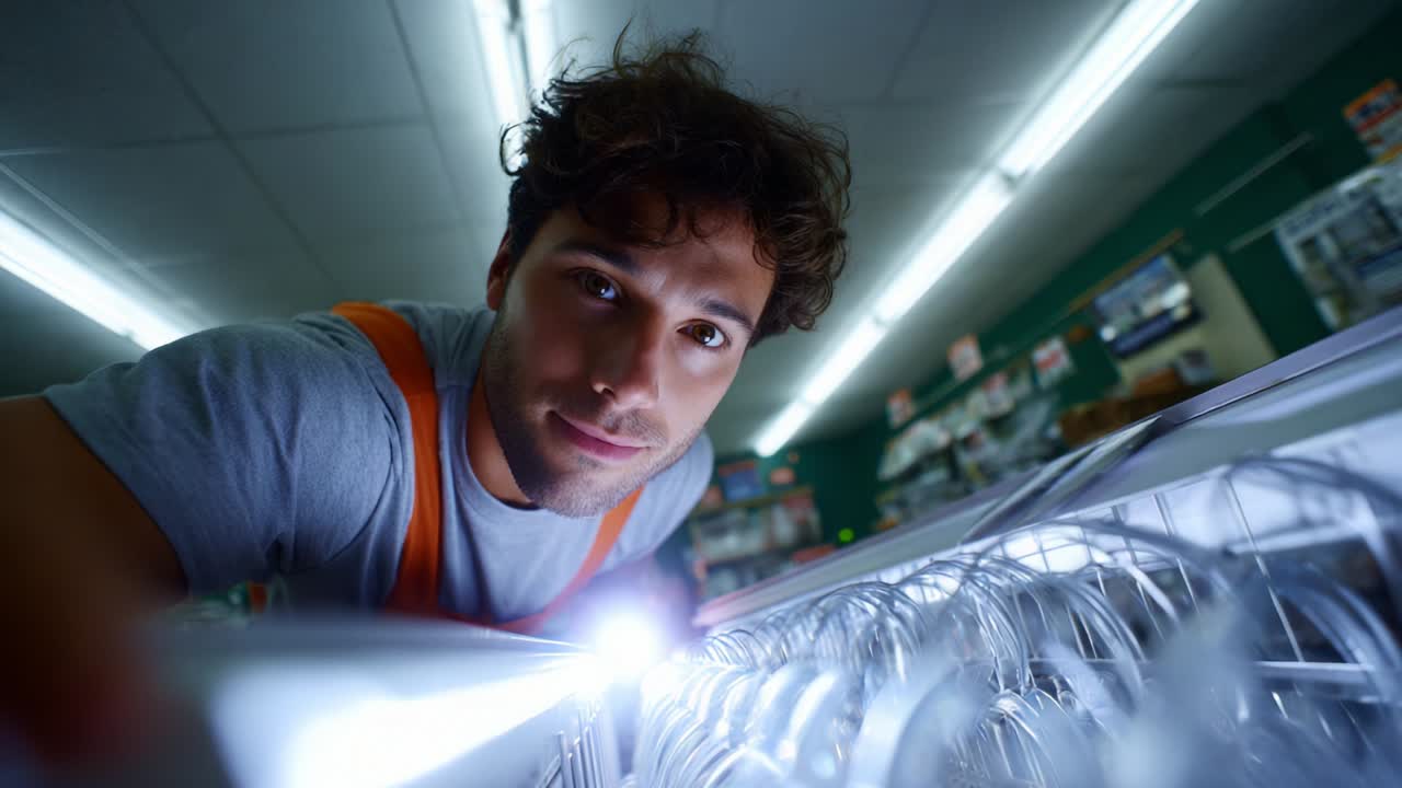 A Focused Young Man in a Bright Store Aisle Examines Point of Interest with Careful Attention While Leaning Close to an Elongated Display of Products Illuminated by Striking Light