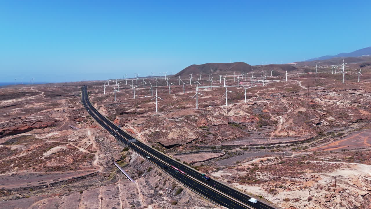 Wind turbines on arid Tenerife landscape with clear blue sky