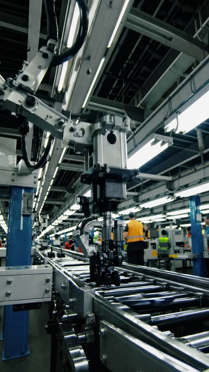 Dynamic video of an industrial assembly line with a low-angle shot, showcasing robotic machinery