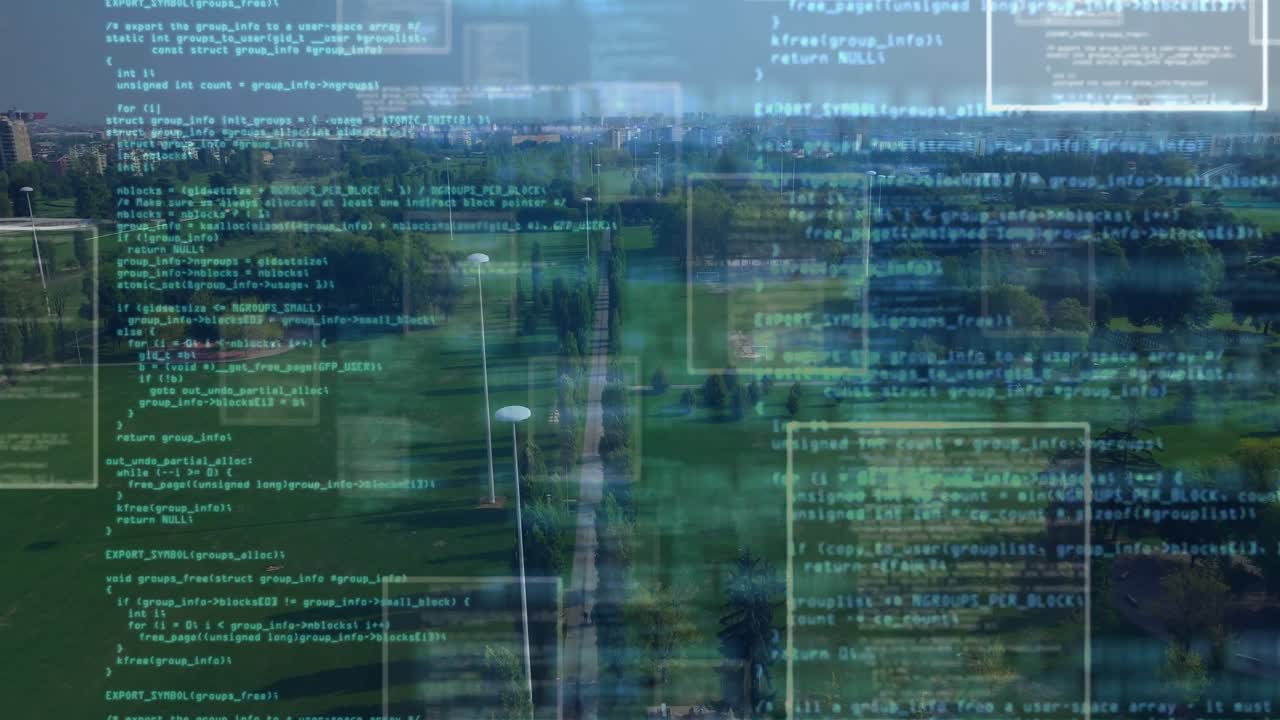 On aerial view clear code panels appearing, sliding, scrolling and aligning over park, showing code