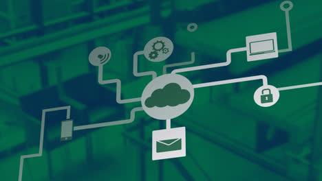 animation of a growing network of connected technology media icons and nodes in grey moving