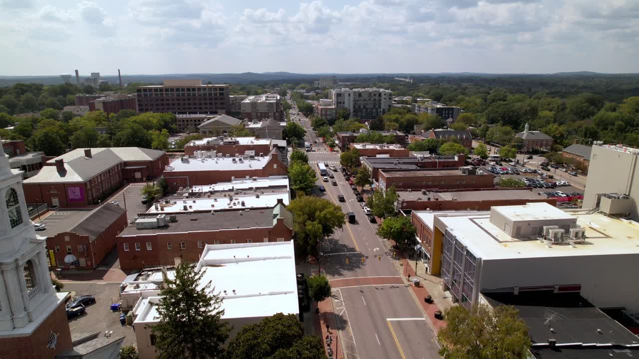 Aerial push by church along franklin street in chapel hill nc, north carolina