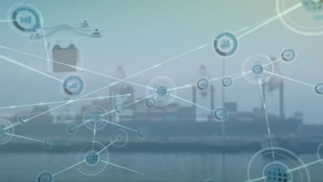 animation of network of connections with icons and delivery drone over cityscape