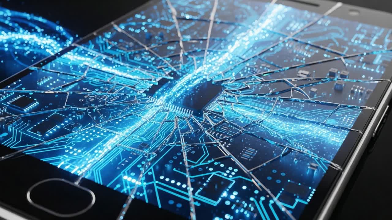 Primo piano di uno schermo di smartphone in frantumi che rivela circuiti complessi e vivaci motivi di luce blu, che illustrano la tecnologia avanzata e la complessità digitale