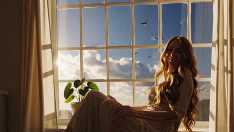 una mujer relajándose junto a la ventana.
