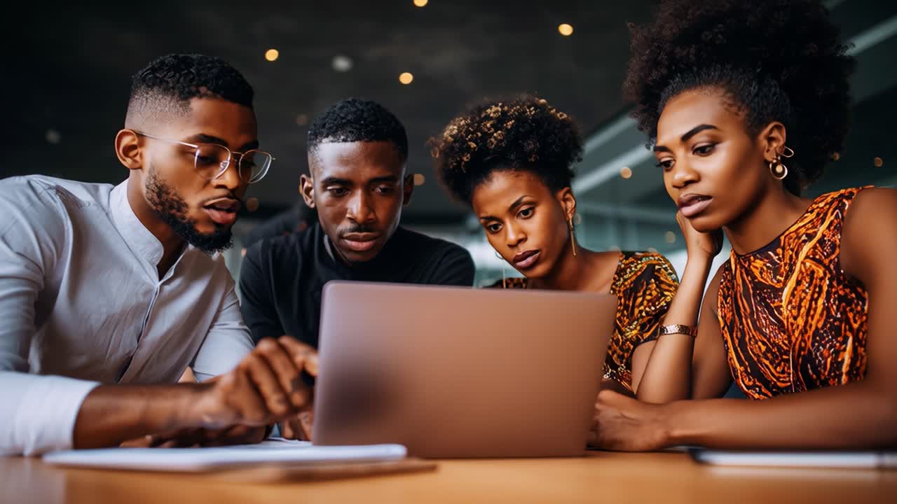 Focused Discussion Among Four Young Adults Analyzing Data on a Laptop in a Modern Workspace, Highlighting Collaboration, Engagement, and Team Dynamics in a Creative Environment