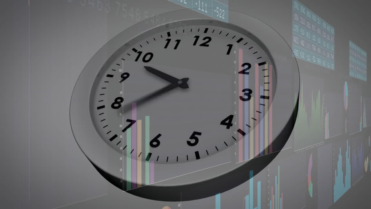 Clock animation overlaying financial data charts and graphs in motion