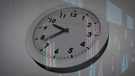 clock animation overlaying financial data charts and graphs in motion