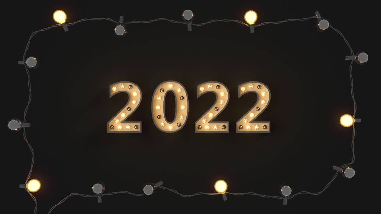 Testo "2022" dorato con stringa di luci, animazione di rendering 3D in loop continuo