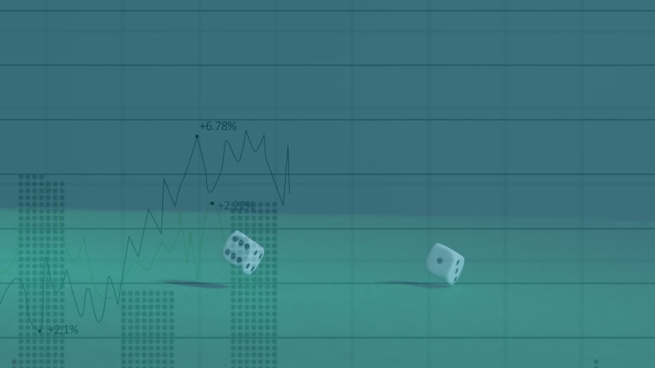 animación del procesamiento de datos financieros sobre dos dados que caen