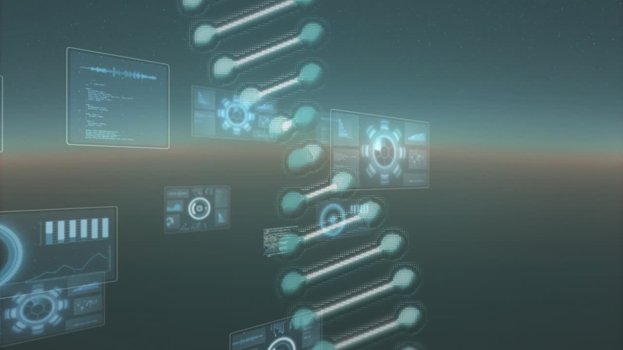 On load double-helix rotating and tilting while holographic panels sliding in, visualizing data