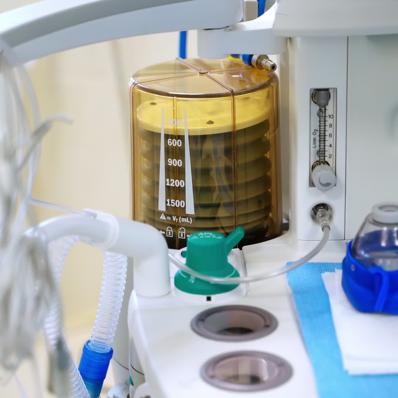 Medical ventilator. Medical machine works in a ward during a surgery.