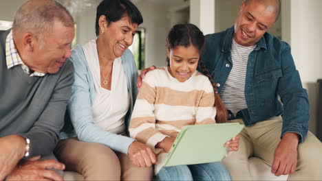 tablet, happy family and girl in home living room