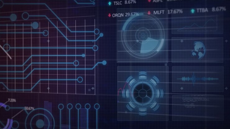 Animation of interface with microprocessor connections, statistical and stock market data processing