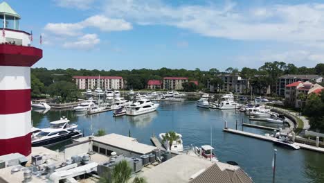 4K-Aerial-Footage-of-Harbor-Town-in-Hilton-Head-Island,-South-Carolina