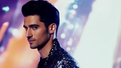 a handsome man in a sparkly jacket poses on stage at night