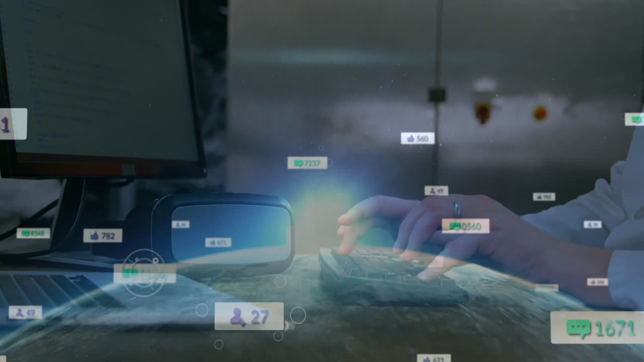 노트북과 글로브를 사용하는 여성에 대한 소셜 미디어 아이콘의 애니메이션