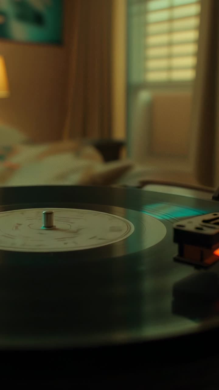 Vertical video: Turntable lowering stylus onto spinning vinyl record in bedroom for playing music