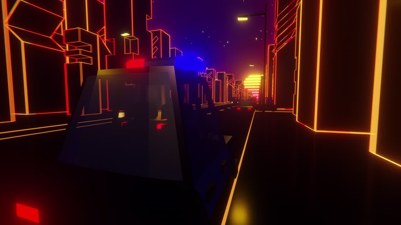 추상적인 레트로 80년대 배경, 도시에서 운전하는 경찰차, 80년대 복원 판타지, 낮과 밤 시리즈, 루프 아블 스 비디오, 스 비디오