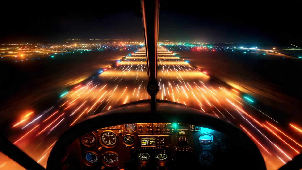 Vibrant Nighttime Descent: Aerial View of Runway Lights and Cockpit Control Panel During a Helicopter Landing Approach Under a Starry Sky