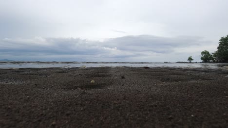 Vista-Cercana-A-Nivel-Del-Suelo-De-Suaves-Olas-En-Una-Playa-De-Arena