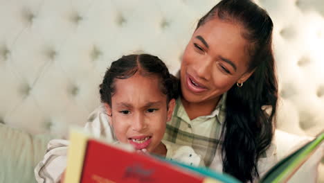 Lectura,-Madre-E-Hija-En-El-Dormitorio-Con-Un-Libro.