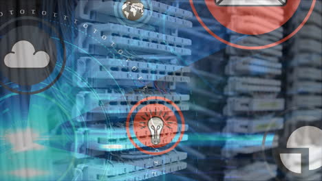 animación de iconos digitales y escaneo de alcance sobre procesadores de computadora en segundo plano