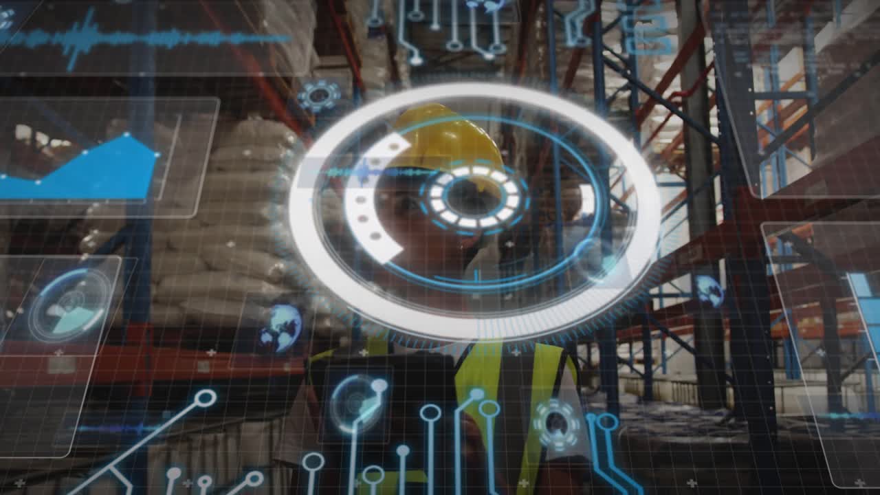 Worker focusing tablet and creating holographic display in warehouse aisle, scanning inventory data