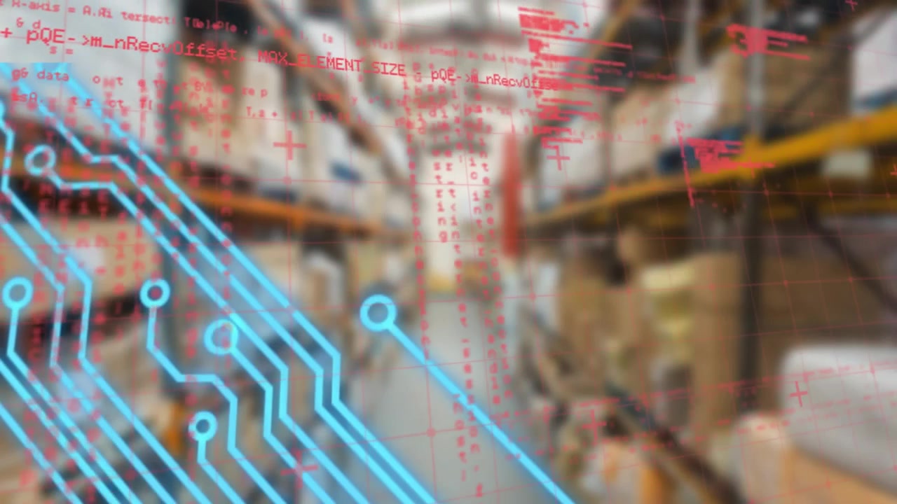 Animation of data processing and computer circuit board over warehouse
