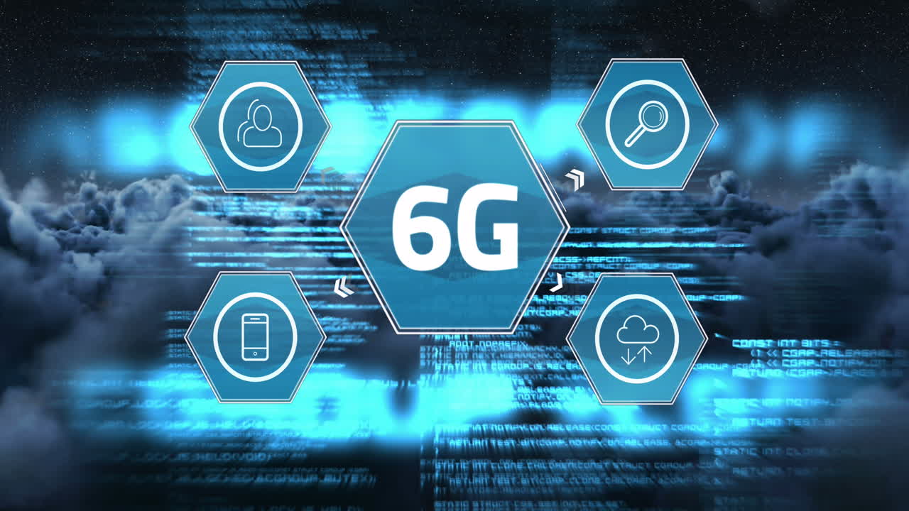 Animation of 6g text over data processing and clouds