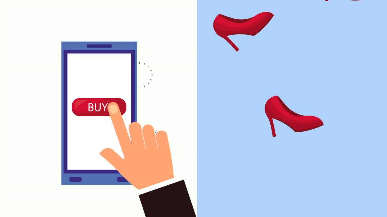 구매 버튼을 가진 스마트폰을 사용하는 손
