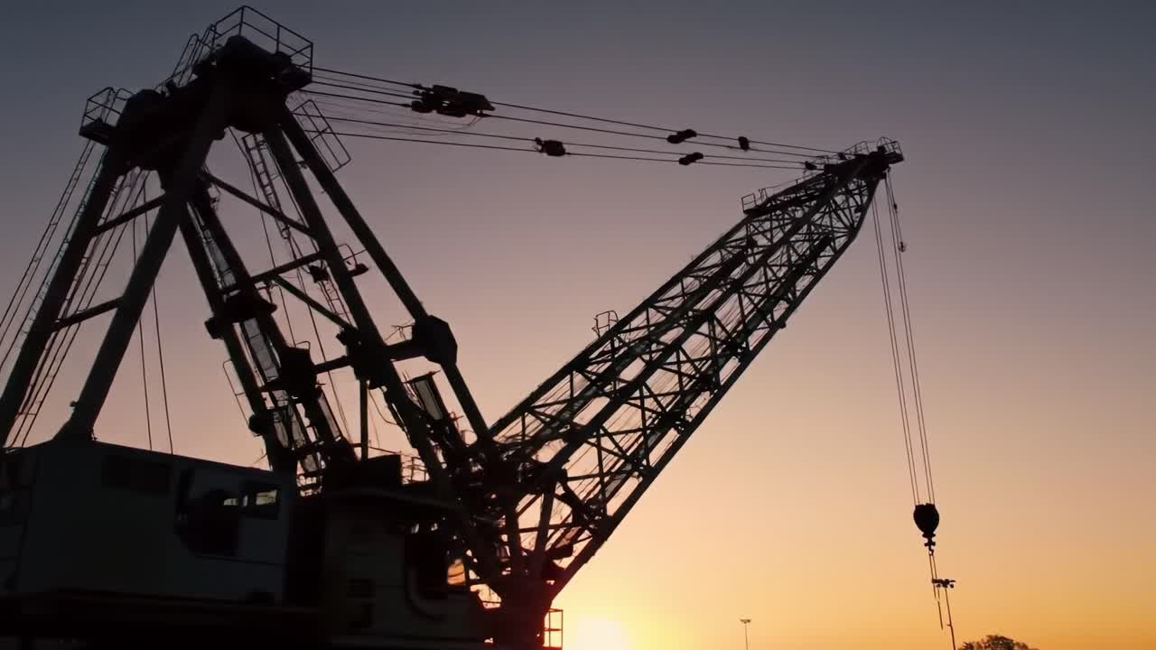 Majestic Silhouette of a Heavy-Duty Crane Against a Vibrant Sunset: An Engineering Marvel Captured in Stunning Detail