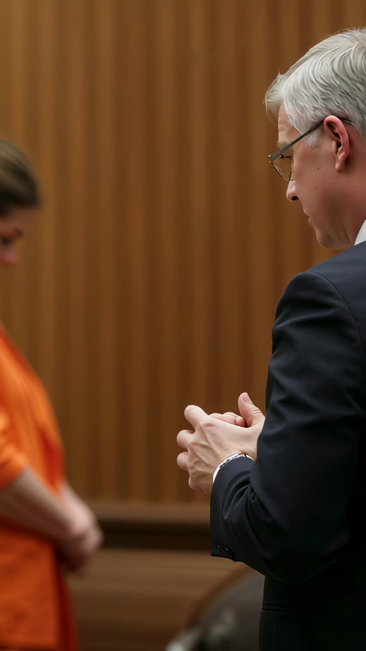 Vertical video: Starting lawyer advising orange detainee at court railing, lifting head, copy space