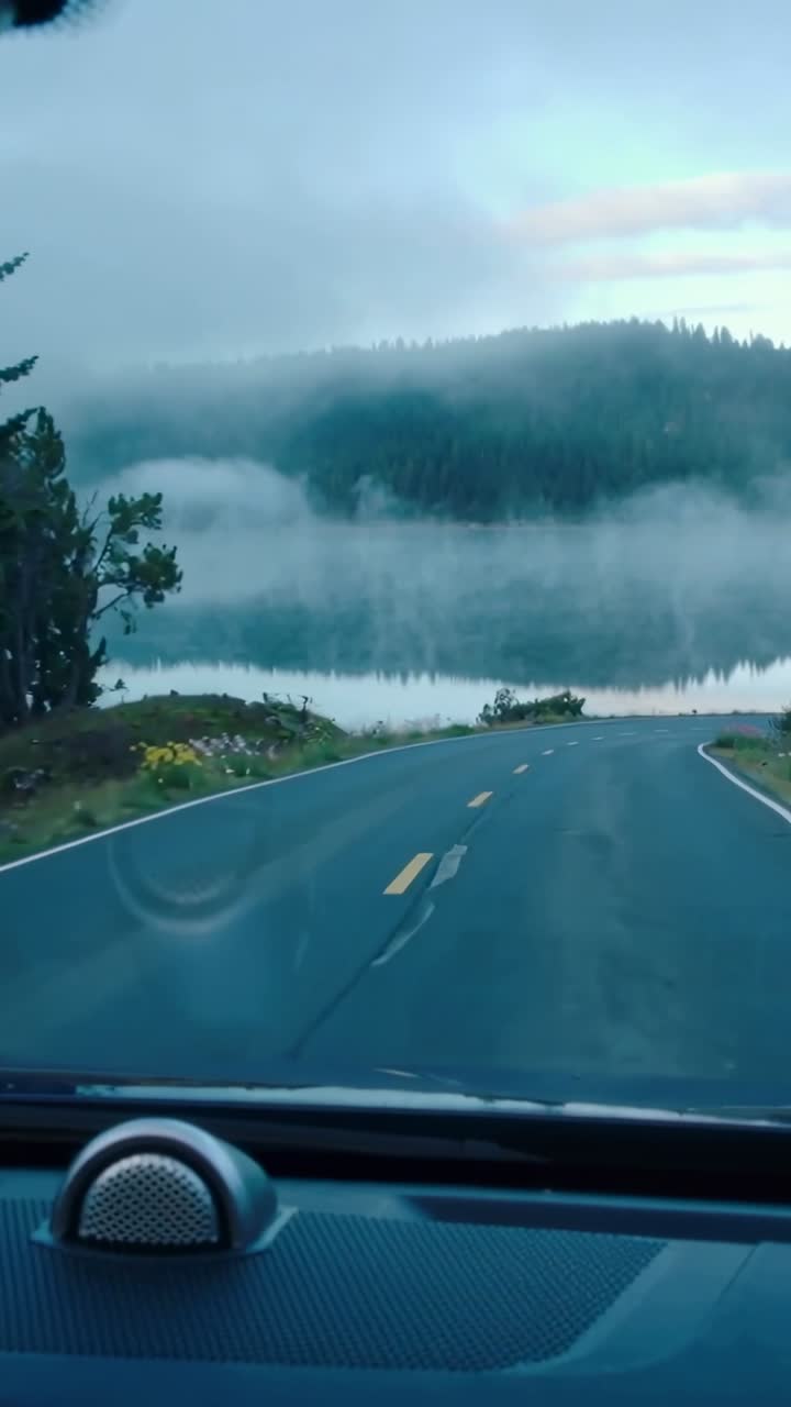 Video verticale: Auto in movimento che si allontana dirigendosi verso una riva del lago nebbiosa, passando accanto a una griglia dell'altoparlante.