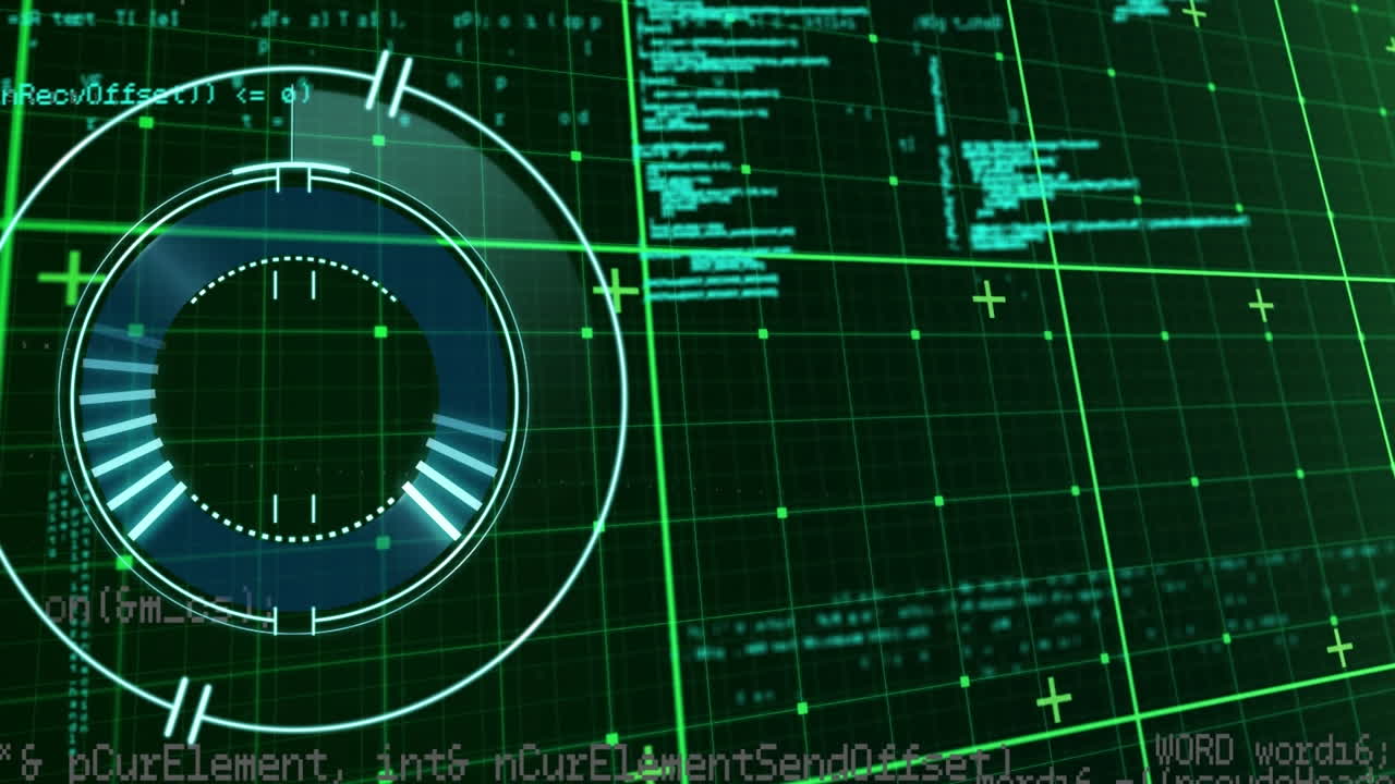 Animation of loading circles over grid pattern against computer language on abstract background