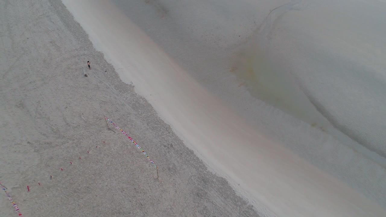 vista aérea de una playa con personas y banderas