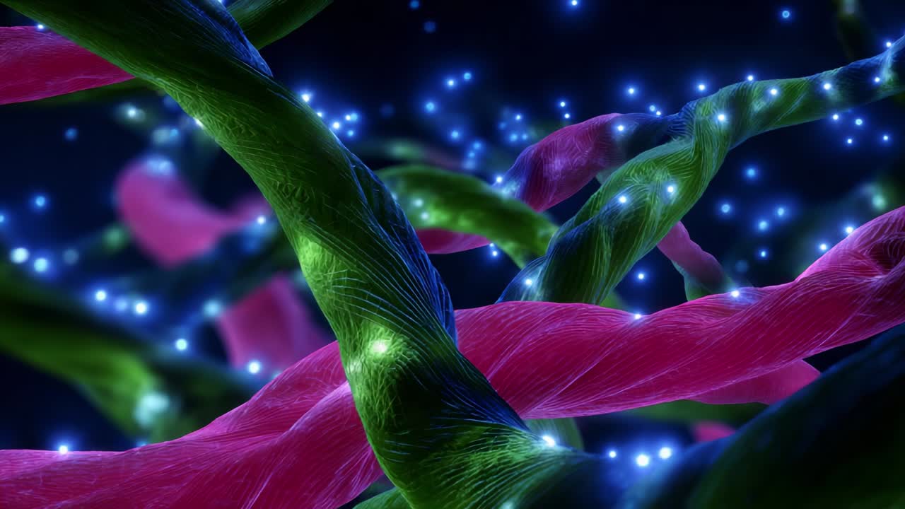 A stunning visualization of intricate biological structures, showcasing vibrant green and pink fibers intertwined against a backdrop of sparkling blue lights, embodying the complexity and beauty of cellular forms