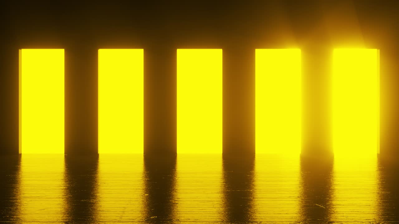 오렌지색 빛은 어두운 방의 다섯 개의 문에서 빛납니다. 밝은 색 빛으로 공간을 가득 채니다. 어의 방에서 밝은 빛. 올바른 선택 개념. 4k의 3d 애니메이션 루프.