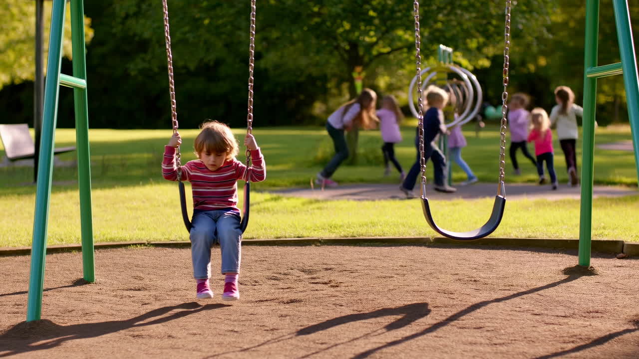 Lonely Child On Swing In Park, Small Child Sits Motionless While Other Children Play In Background, Warm
