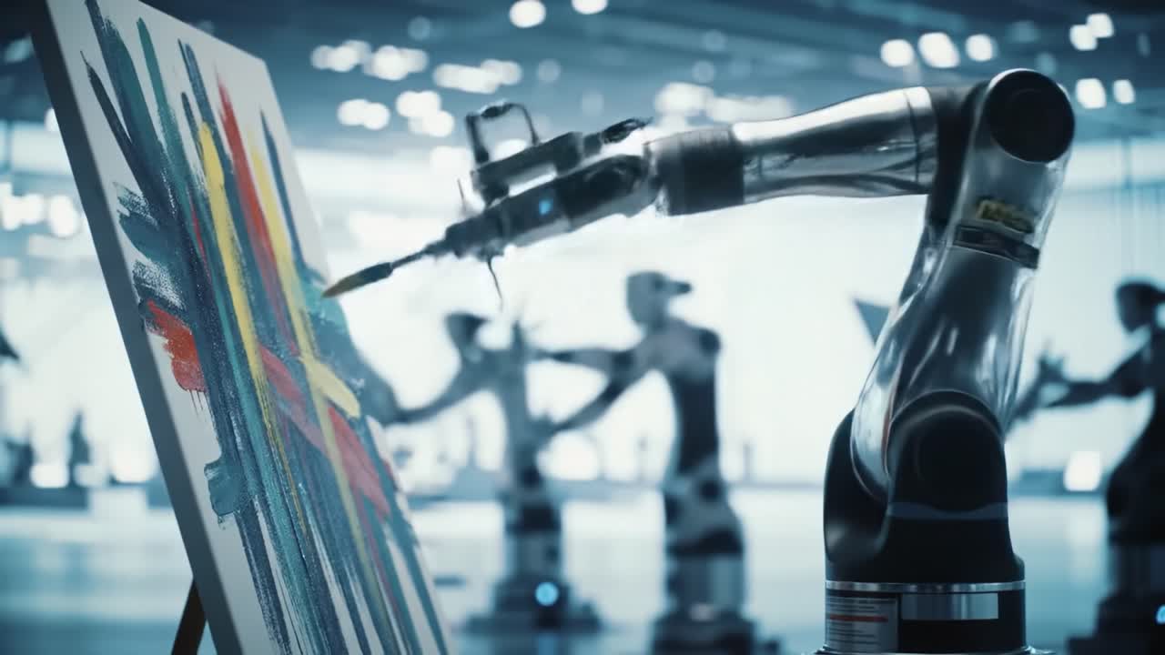 An Innovative Robotic Arm Creating Vibrant Artwork on Canvas, Exploring the Intersection of Technology and Creativity in a Modern Art Studio Setting