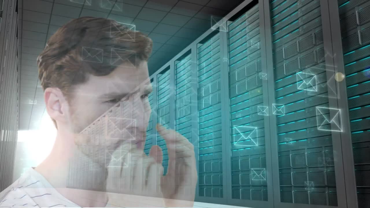 animación de un hombre de negocios preocupado sobre iconos de sobres y servidores de computadora