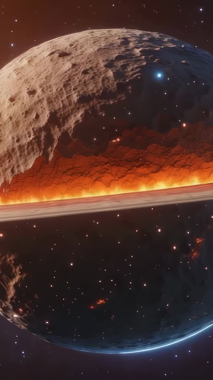 Vertical video: Cratered moon drifting in space, with molten-red band, faint ring and distant stars