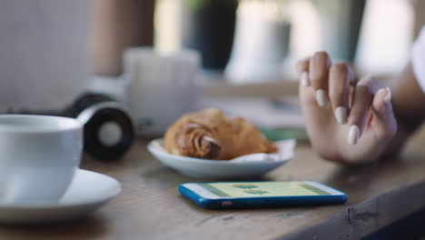 phone, social media and coffee shop with the hand