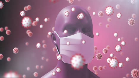 animación de una cabeza humana digital con una máscara facial con modelos de virus gigantes flotando